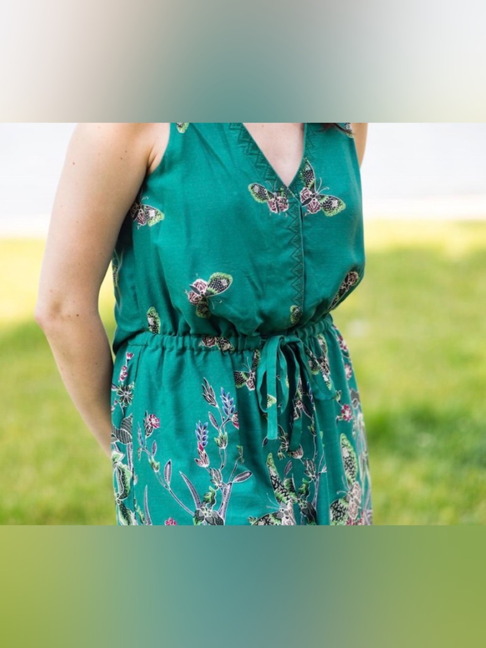 Anthropologie Elevenses Romper Butterfly Print S Women’s Open Back Green